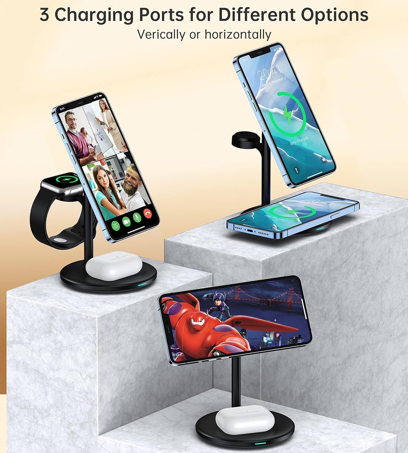 XooFly 3 in 1 Wireless Charging Station for Apple Devices, Fast Wireless Mag-Safe Charger Stand with 20W Adapter for iPhone 17 16 15 14 13 12 Pro Max/Air/Plus/Pro,iWatch,AirPods-Gift for Wife&Husband