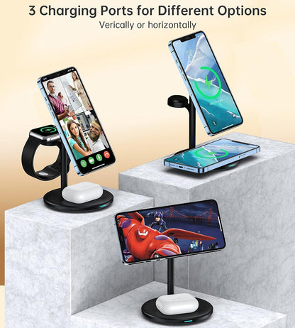 XooFly 3 in 1 Wireless Charging Station for Apple Devices, Fast Wireless Mag-Safe Charger Stand with 20W Adapter for iPhone 17 16 15 14 13 12 Pro Max/Air/Plus/Pro,iWatch,AirPods-Gift for Wife&Husband