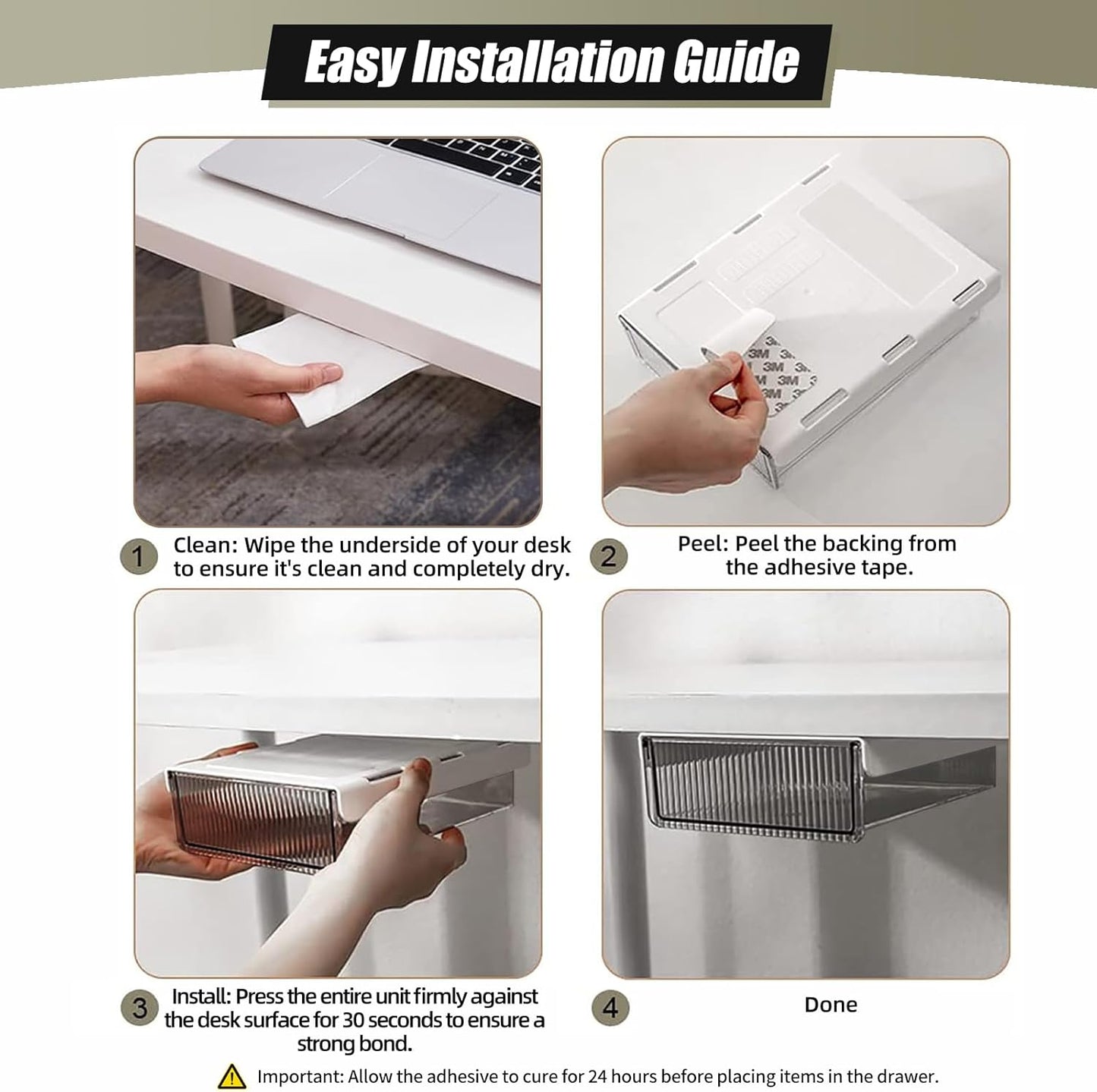 2Pcs Under Desk Storage Drawers Slide Out,Large&Medium, Stick On Desk Drawer Organizer Hidden Under Table Drawer for Home Office School Organization and Storage-Transparent Black