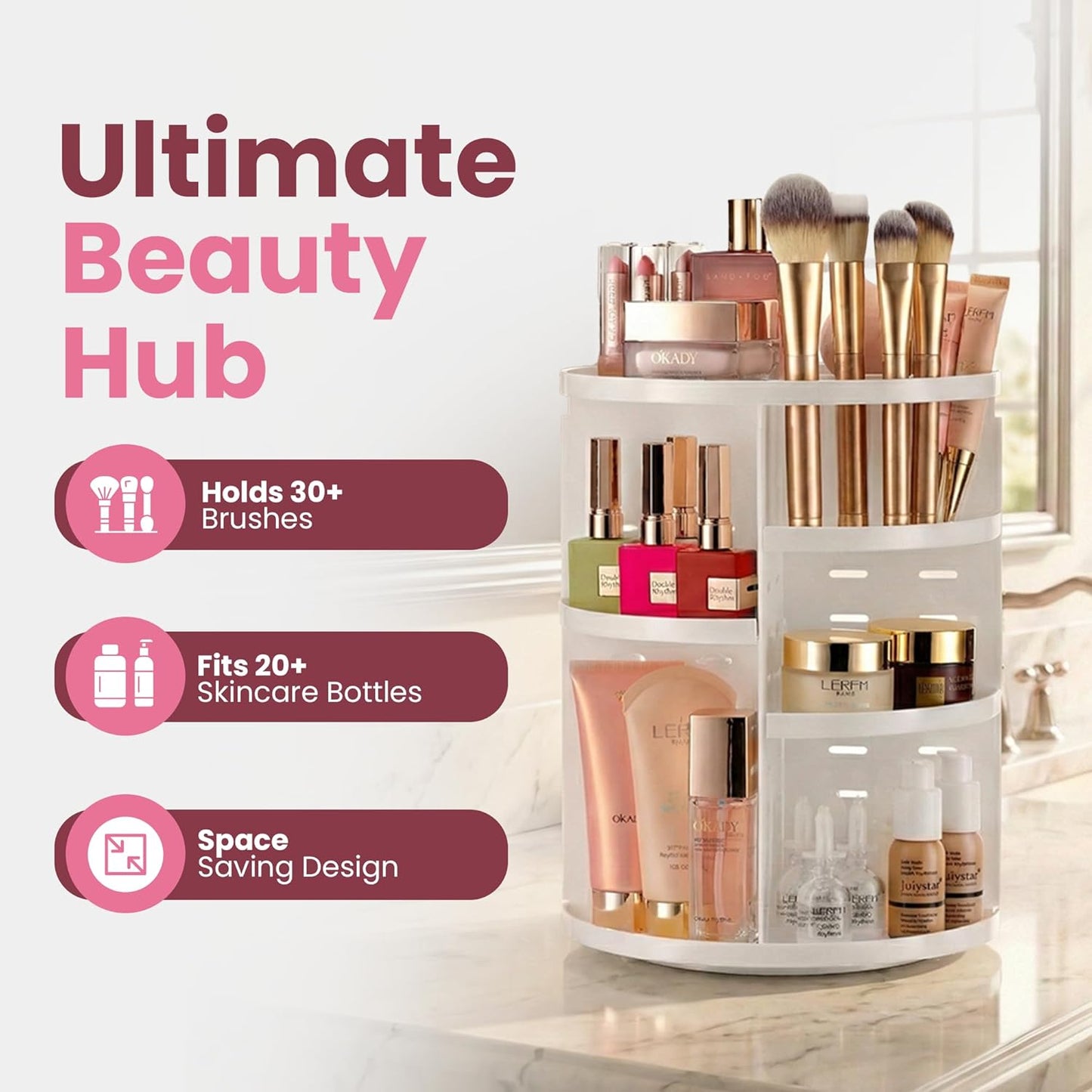 Masirs Small 360 Rotating Makeup Organizer - Mini Yet Spacious Cosmetic Storage Solution with Multiple Compartments - The Perfect Spinning Make-Up Caddy for Vanity or Bathroom Counter (Round - Clear)