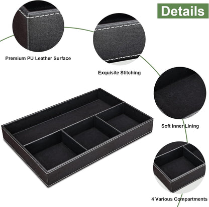GORESE 2 Pieces Faux Leather Valet Tray for Men, Stackable Jewelry Organizer for Drawers, Nightstand Caddy Tray for Key, Wallet, Sunglass, Watch, Coin, Phone, Bedside Desk-top Storage Black