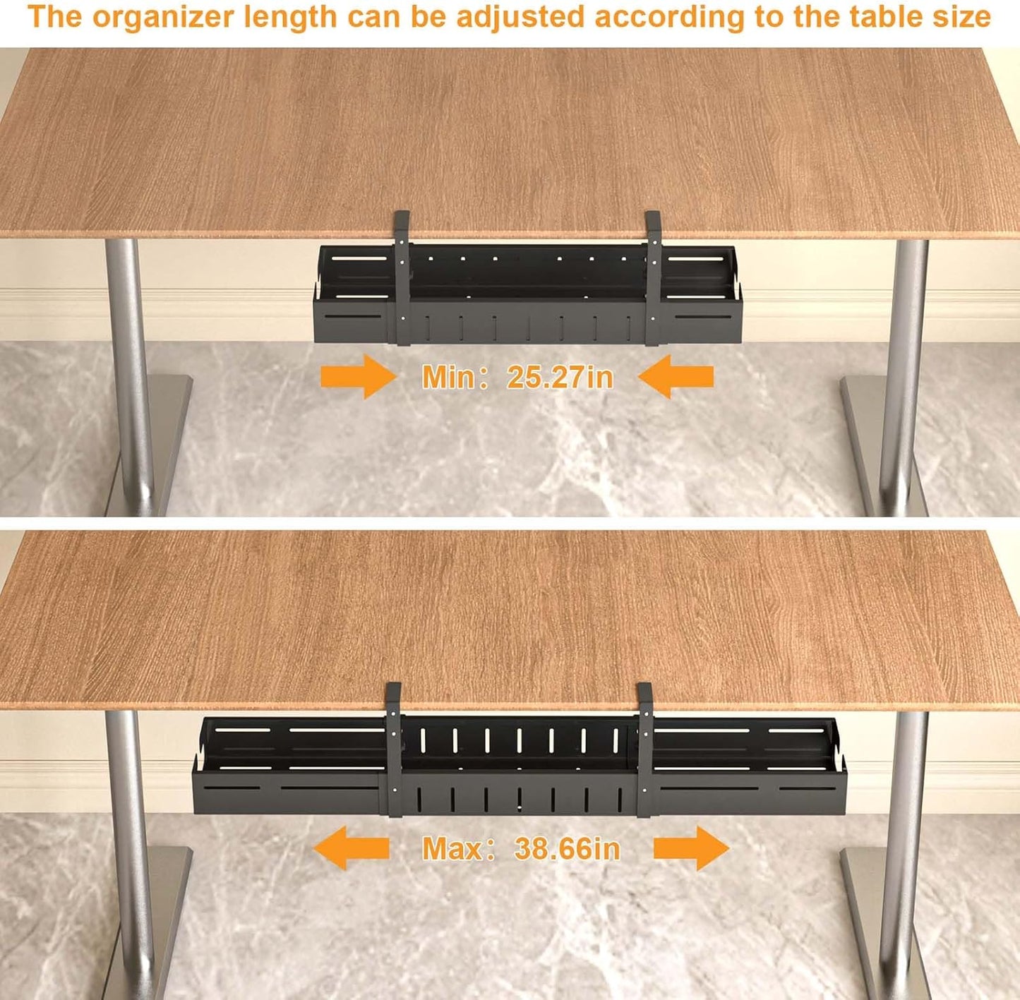 REALINN Under Desk Cable Management Tray Black, Expandable 25.27"-38.66" Sturdy Steel Desk Cord Hider Raceway for Office/Home