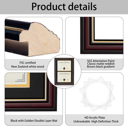 ELSKER&HOME Diploma Frame - Wide Solid Wood Frame - Black Velvet Golden Rim Mat - Semi-Tempered Glass - Includes Hanging Hardware and Desktop Easel(ONLY Display 11×14 Document/Certificate)