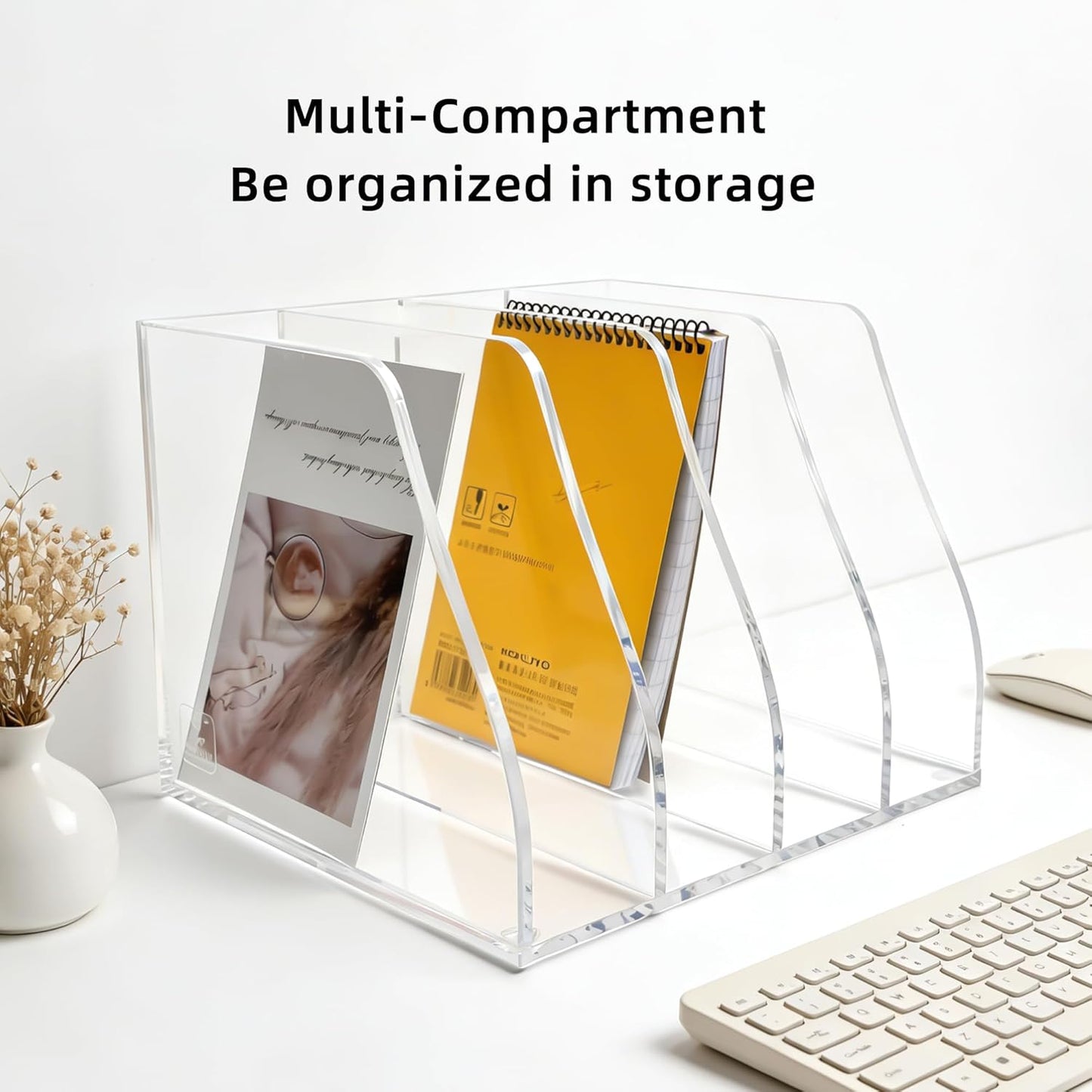 Acrylic Magazine File Holder, 4 Vertical Compartments Desk Document Sorter Organizer, Clear Folder Rack Binder for Office, Documents, Tablets, Magazines, Books – Home/Classroom Rack