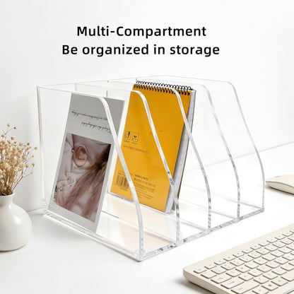 Acrylic Magazine File Holder, 4 Vertical Compartments Desk Document Sorter Organizer, Clear Folder Rack Binder for Office, Documents, Tablets, Magazines, Books – Home/Classroom Rack