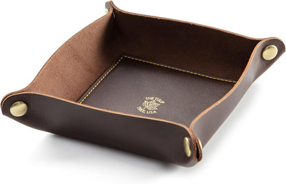 USA Handmade Premium Leather Valet Tray, Folds Flat! Dice Rolling Basket and Organizer with Brass Snaps - Reinforced Base - for Keys, Jewelry, Coin, EDC, Watch Storage Caddy - Black XLarge