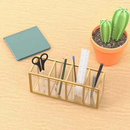 NIUBEE Acrylic Pen Holder 4 Compartments, Clear Pencil Organizer Cup for Countertop Desk Accessory Storage