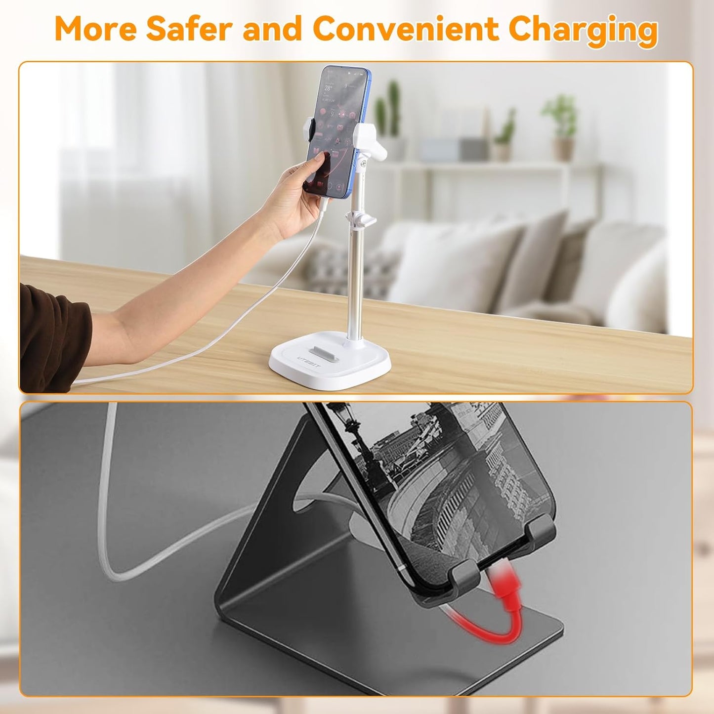 UTEBIT Adjustable Phone Stand for Desk, 11.8''-17.7''Height Adjustable Phone Holder for Desk Recording, Retractable Cell Phone Tablet Stand Holder for 5.5''-9.5''Screen iPhone 17 16 15 Pro Max Android
