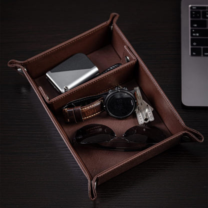 BONNY DODO Valet Tray for Men PU Leather Tray Organizer with Partition, Storage Keys, Watch & Practical Storage for Table Nightstand Living Room Bedroom (Dark Brown-Square)