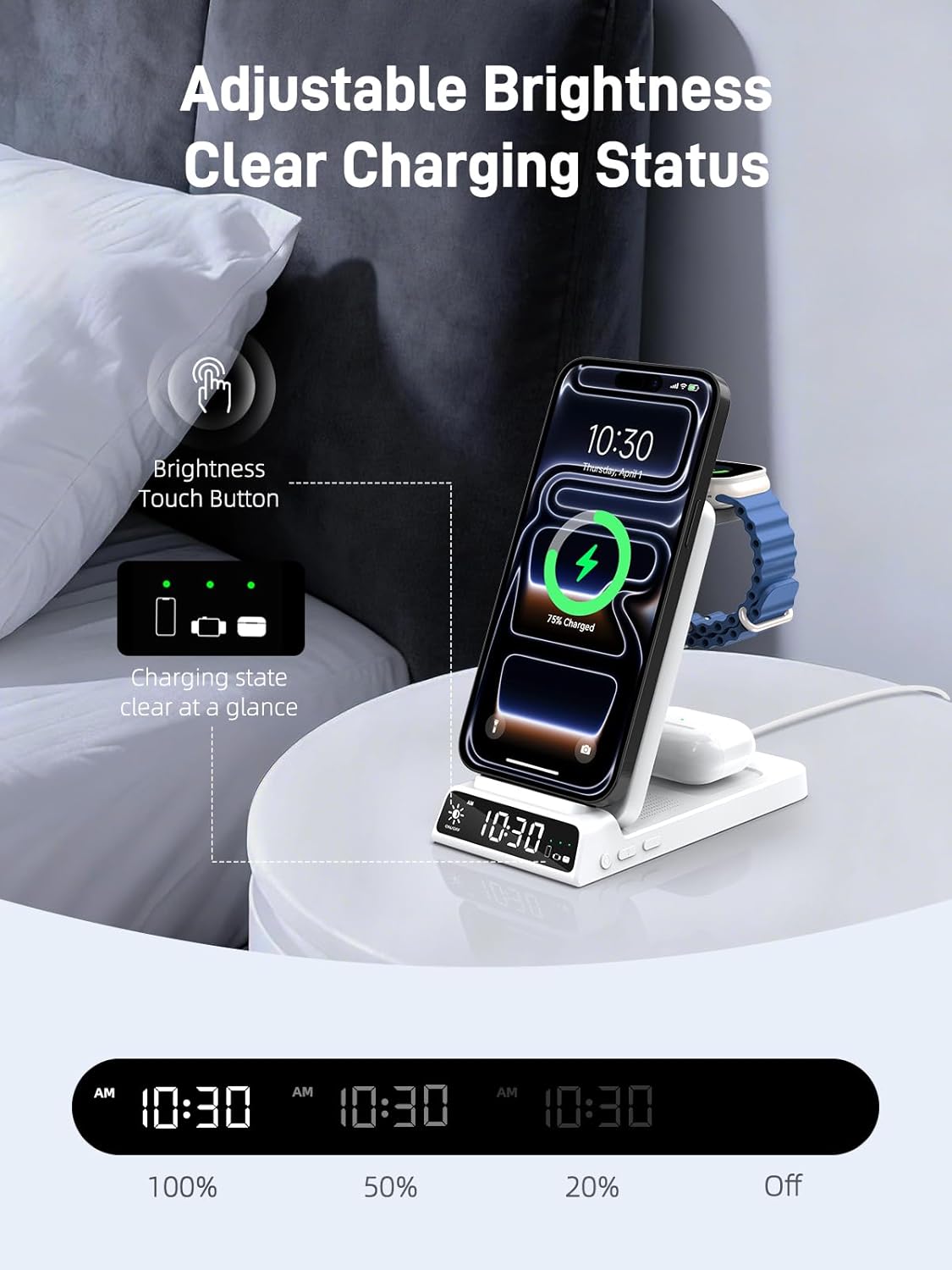 3 in 1 Charging Station for Apple, ELECDOV Magnetic Charger for iPhone, Foldable Wireless Charger with Clock, Travel Watch Charger Stand for iPhone 17/Air/16/15 Series, iWatch 10/AirPods 4 (Grey)