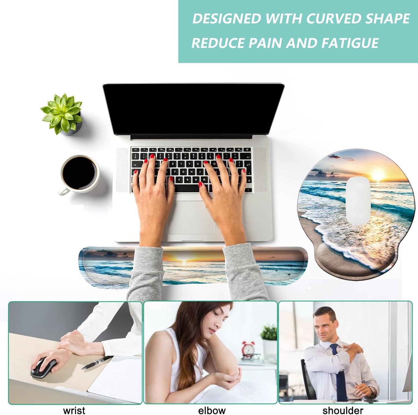 Keyboard Wrist Rest Pad Mouse Pad with Wrist Support Set of 3, Mousepad with Non-Slip Rubber Base, Ergonomic Memory Foam Mouse Wrist Cushion Support for Home Office Laptop Computer, Flower Black