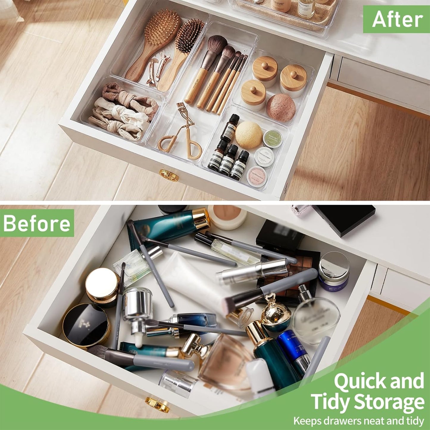 6 Pack Drawer Organizers, Plastic Clear Acrylic Non Slip Non Cracking kitchen drawer organizer Stackable Bathroom Drawer Organizer Trays, Storage Bins for Makeup, Bathroom, Kitchen Office