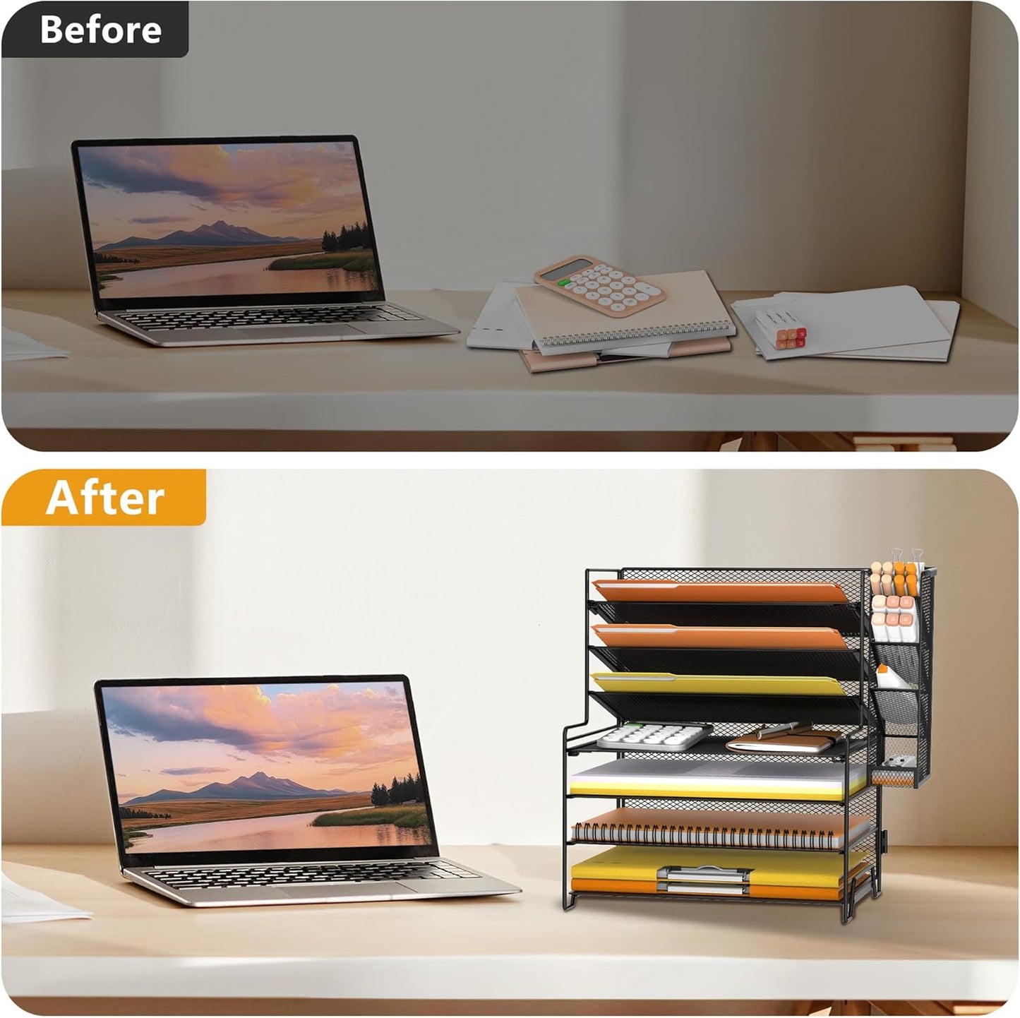 SUPEASY 7 Tier Desk Organizer, Desk File Organizer with Pen Holder, Paper Organizer for Desk, Desk Organizers and Accessories for Home Office School, Black