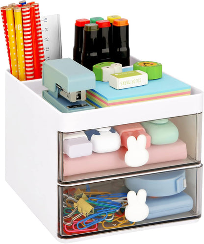 LETURE Small Desk Organizer With Drawer, Office Desktop Storage Box, Business Card/Pen/Pencil/Mobile Phone/Stationery Holder Storage Box, Makeup Organizer for Office School Home (Pink)