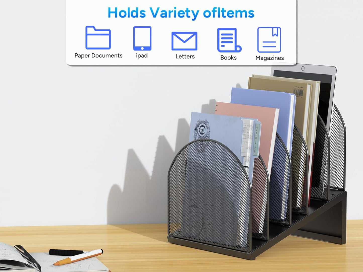 gianotter Desktop File Organizer, Desk Organizer with 5 Compartments, Paper Organizer for Desk, Workspace Organizers for Office Supplies (Black, Upright Style)