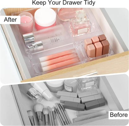 AMEITECH 7 PCS Clear Drawer Organizer Set, 4 Sizes Acrylic Drawer Storage Trays, Plastic Desk Drawer Organizer for Office, Storage Bins for Makeup, Vanity, Bedroom, Kitchen Gadgets Utensils