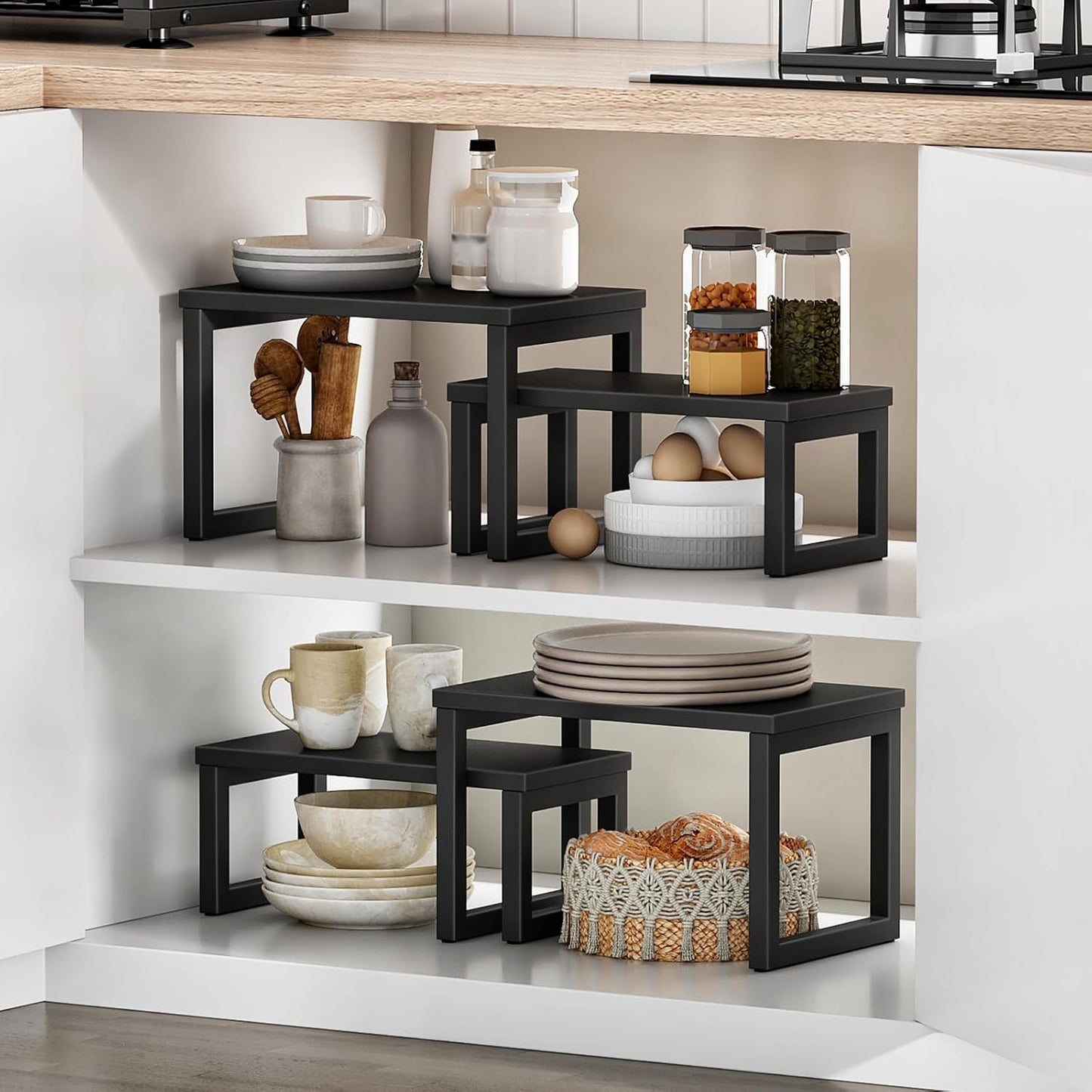 HOOBRO Cabinet Organizer Shelf, Set of 2 Kitchen Counter Shelves, Expandable Kitchen Storage, Stackable Bamboo Spice Rack, for Kitchen, Countertop, Office Desk, Living Room, Mocha MA20TL01