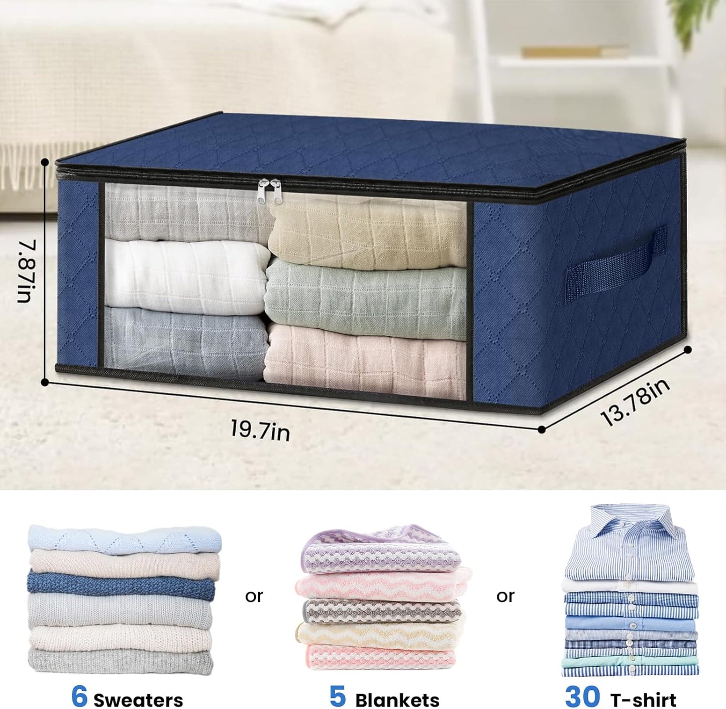 HomeHacks Storage 3-Pack Clothes Organizer Storage Bags Foldable Storage Box with Large Clear Window Sturdy Handles for Closet, Dorm, Pillows, Bedding, Clothes, Blankets, 35L, Gray