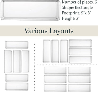 STORi SimpleSort 6-Piece Stackable Clear Drawer Organizer Set | 12" x 3" x 2" Rectangle Trays | Narrow Makeup Vanity Storage Bins and Office Desk Drawer Dividers | Made in USA