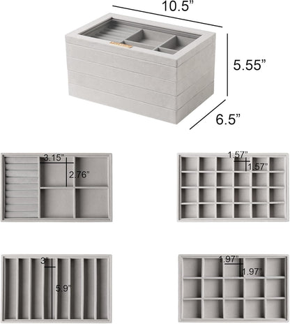 Frebeauty Stackable Jewelry Trays, Velvet Drawer Jewelry Organizer with Glass Lid,5 in 1 Multi-Functional Jewelry Storage for Earrings Necklaces Rings, 10.5 x 6.5 x 5.55 Inches Gift for Women(Beige)
