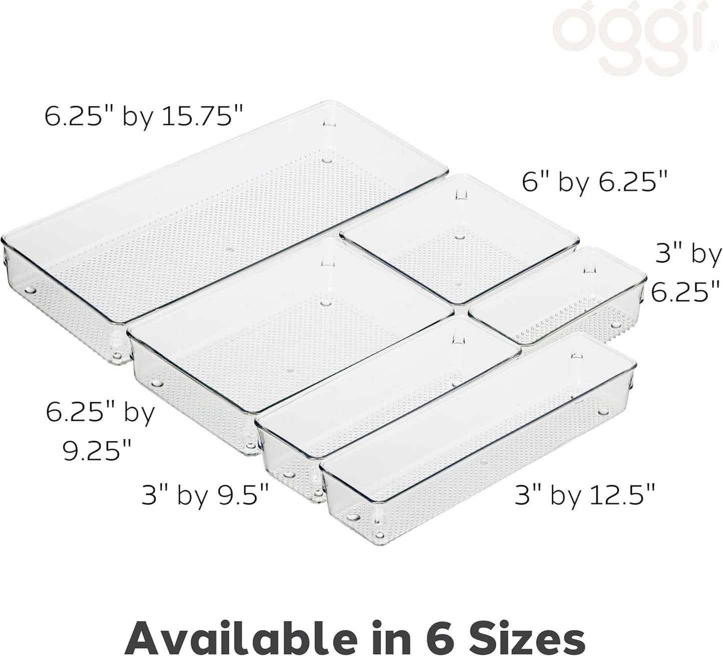 Oggi Set of 5 Clear Drawer Organizers - (1) 3x6.25, (2) 3x9.5, (2) 3x12.5 - Ideal for Organizing Kitchen Drawers, Office, Desk, Silverware, Kitchen Utensils, Cosmetics and Bathrooms
