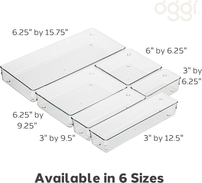 Oggi Set of 5 Clear Drawer Organizers - (1) 3x6.25, (2) 3x9.5, (2) 3x12.5 - Ideal for Organizing Kitchen Drawers, Office, Desk, Silverware, Kitchen Utensils, Cosmetics and Bathrooms