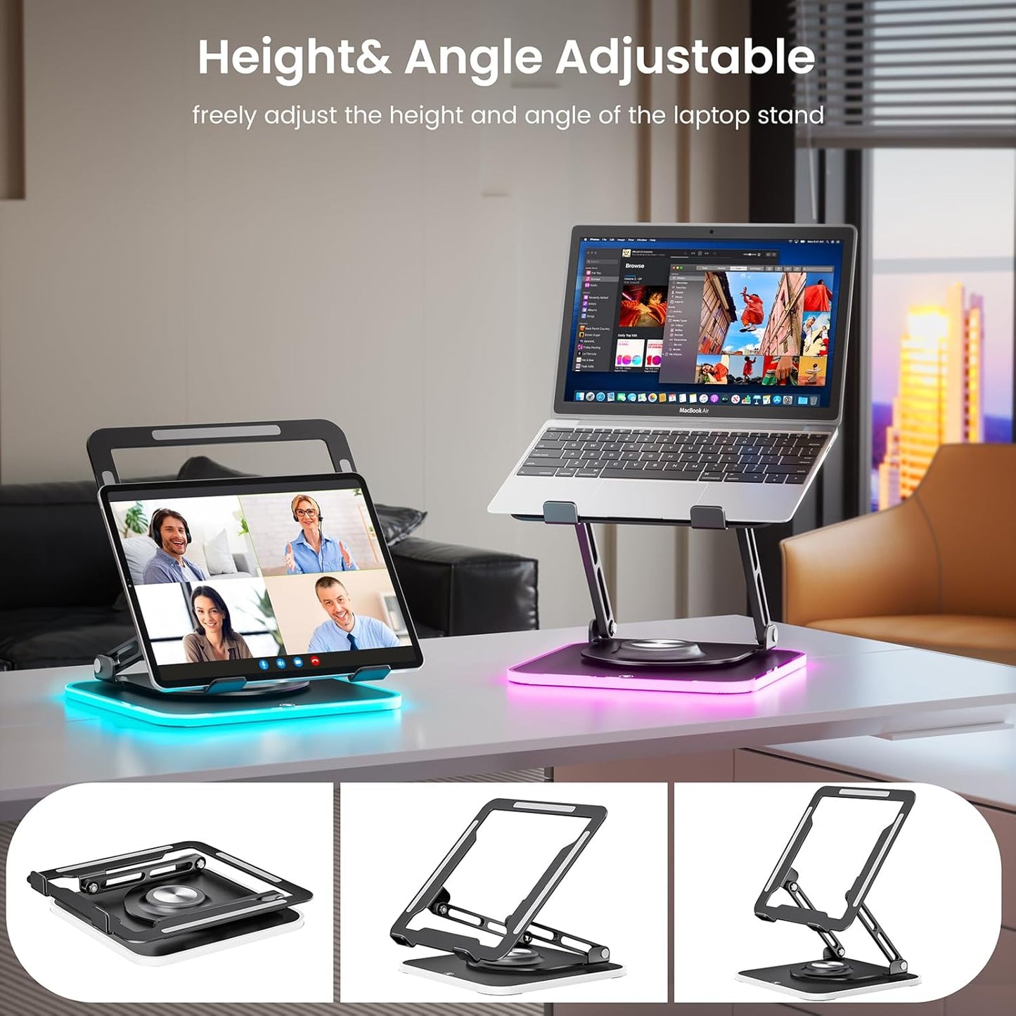 JOYEKY Laptop Stand for Desk, Adjustable Computer Stand with 360° Rotating Base, Ergonomic Laptop Riser for Collaborative Work, Foldable & Portable Laptop Stand, fits for All 10-16" Laptops (Grey)