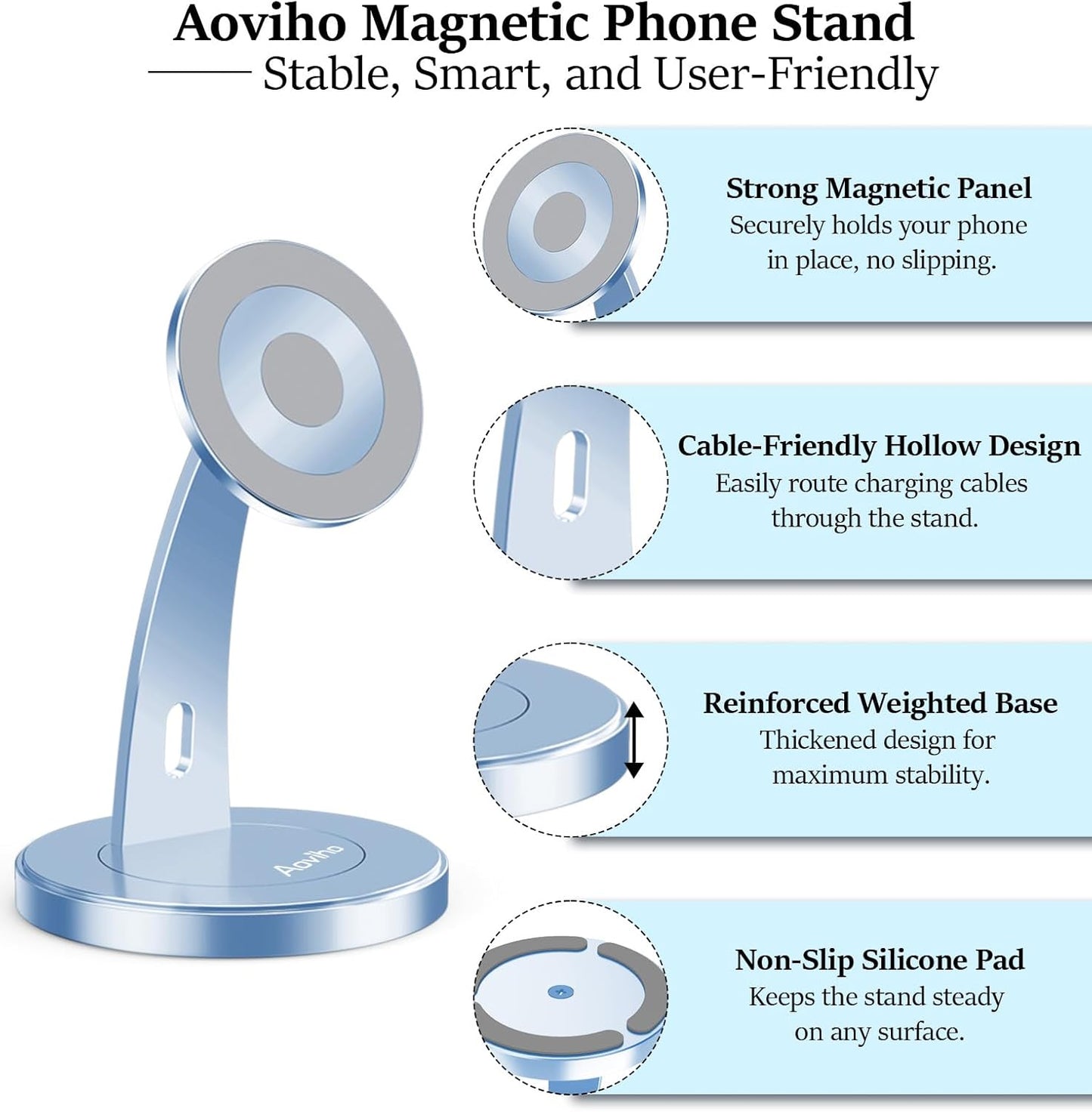 Aoviho Magnetic Phone Stand for Desk – 360° Rotating Aluminum Phone Holder, Stable Desk Stand for Office, Home & Kitchen, Compatible with iPhone 17 Pro Max 16–12 Series and MagSafe Cases, Purple