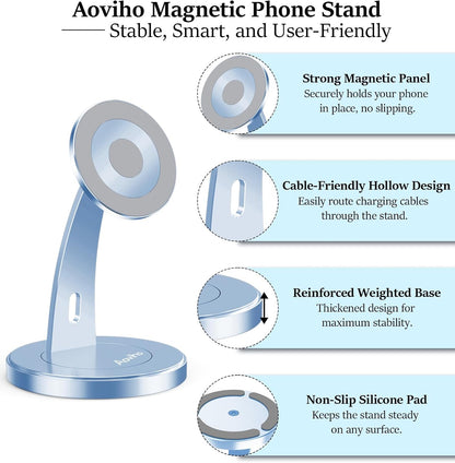 Aoviho Magnetic Phone Stand for Desk – 360° Rotating Aluminum Phone Holder, Stable Desk Stand for Office, Home & Kitchen, Compatible with iPhone 17 Pro Max 16–12 Series and MagSafe Cases, Purple