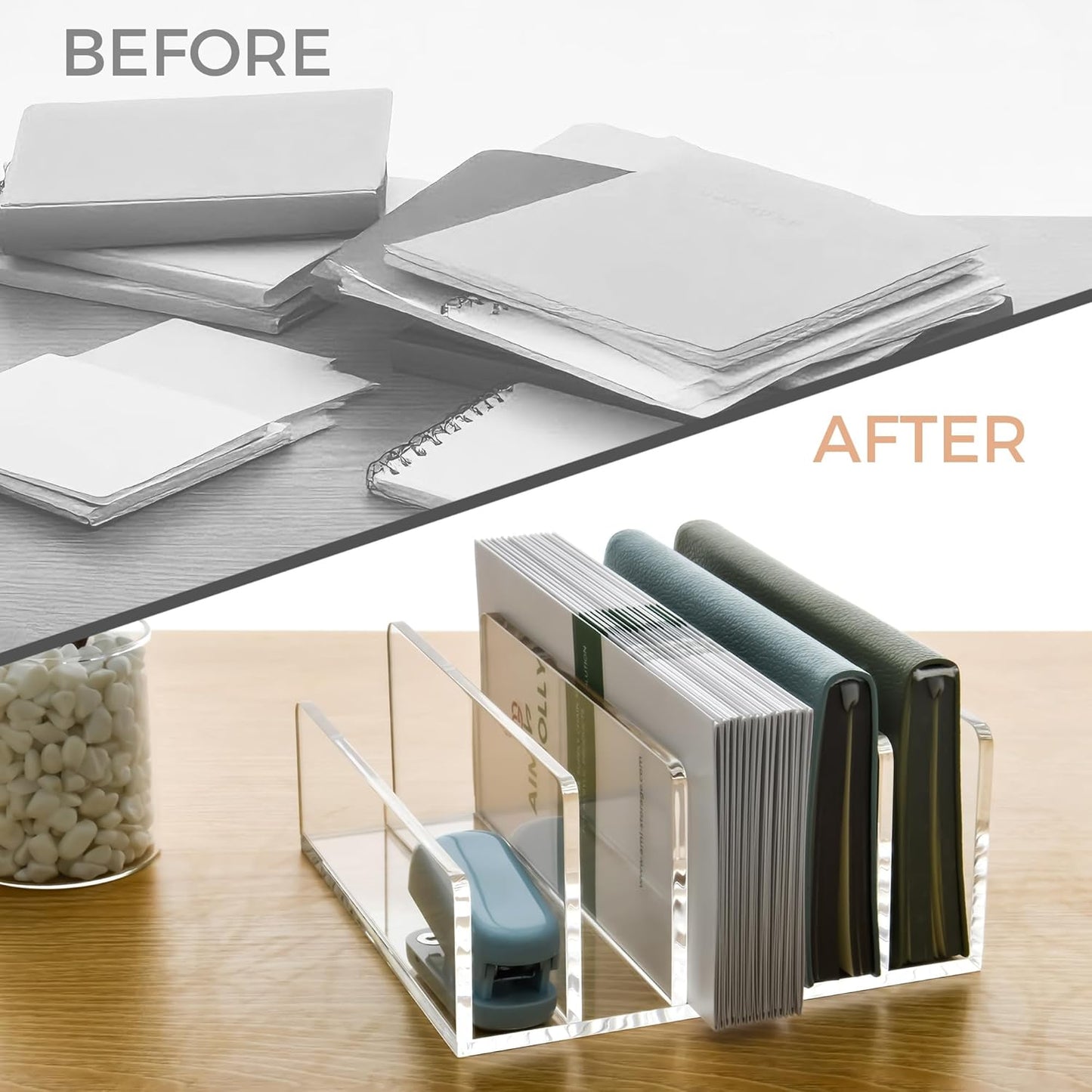 3 Compartments Clear Acrylic Mail Holder – Vertical Letter Sorter & Multifunction Desk Organizer for Bills, Documents, Notebooks – Modern Office/Home Envelope File Rack