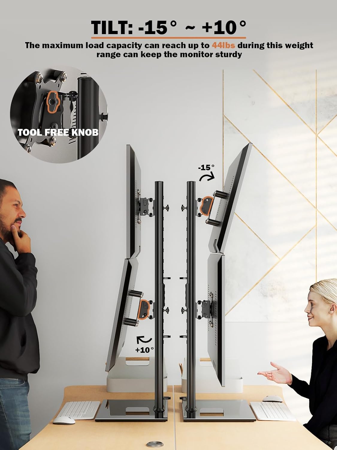 Dual Monitor Stand - Vertical Stack Screen Free-Standing Monitor Riser Fits Two 13 to 34 Inch Screen with Swivel, Tilt, Height Adjustable, Holds One (1) Screen up to 44Lbs HT05W-002 White