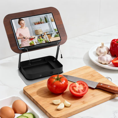 Book Stand for Reading Hands Free, 360° Rotating & Foldable Book Holder Stand for Desk with Storage Box, Carbon Steel Cookbook Recipe Book Holder for Kitchen, Office, Bible Study (White)