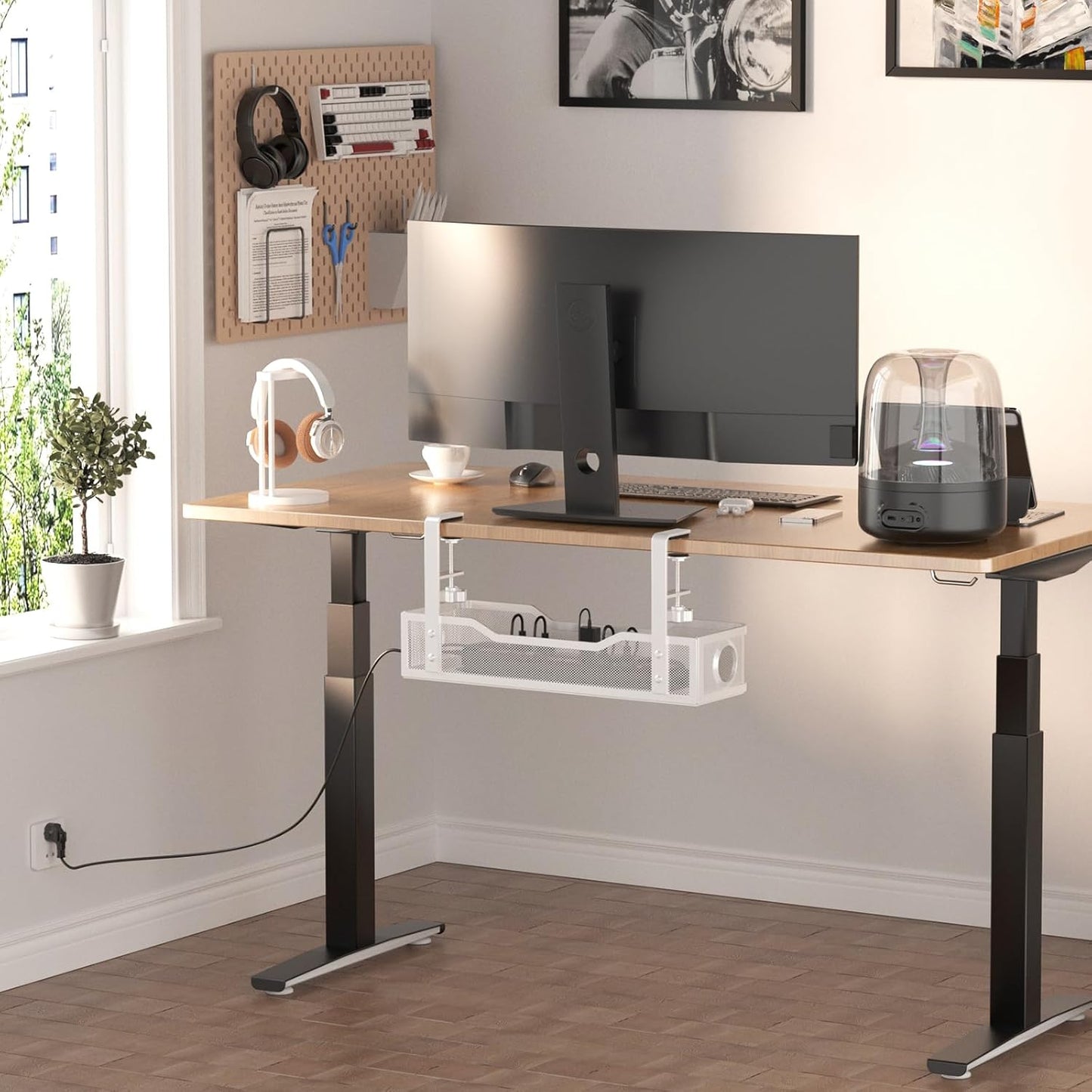Under Desk Cable Management Tray White, Cinati Wire Organizers No Drill, Cable Tray with Clamp for Wire Management, Cord Organization Box for Office, Home - No Damage to Desk