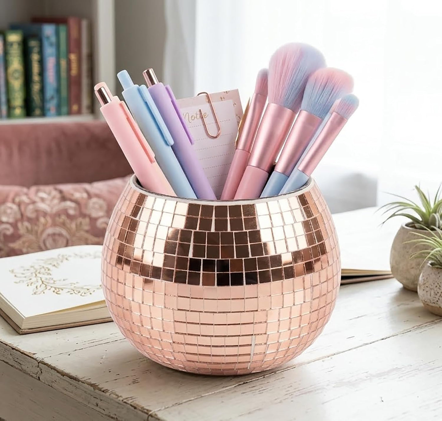 Disco Ball Makeup Brush Holder & Pen Cup - Fun Desk Accessories for Office, Cute Aesthetic Room Decor, 4.7 inch Unique gift vase for Her (rosegold)
