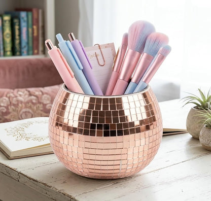 Disco Ball Makeup Brush Holder & Pen Cup - Fun Desk Accessories for Office, Cute Aesthetic Room Decor, 4.7 inch Unique gift vase for Her (rosegold)