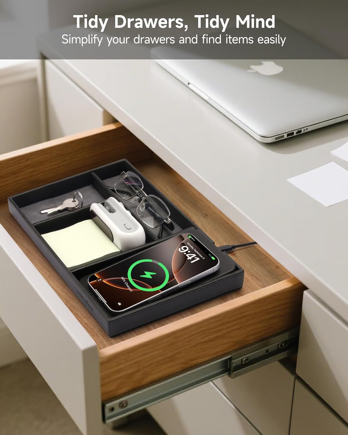 Valet Tray, Built in Wireless Charging Pad, Nightstand Organizer, Dresser Organizer, Mens Jewelry Box, Valet Charging Station, Faux Leather Valet Tray for Men and Women, (Black)