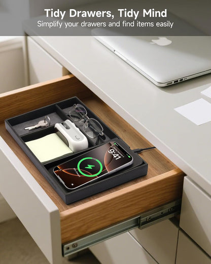 Valet Tray, Built in Wireless Charging Pad, Nightstand Organizer, Dresser Organizer, Mens Jewelry Box, Valet Charging Station, Faux Leather Valet Tray for Men and Women, (Black)