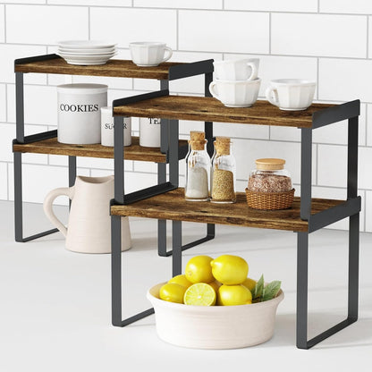 Goozii Kitchen Cabinet Organizer Shelf Set of 4, Large Stackable Pantry Cupboard Countertop Storage and Organizer, Desk Shelf Riser, Spice Plate Cup Expandable Storage Rack (Bamboo White)