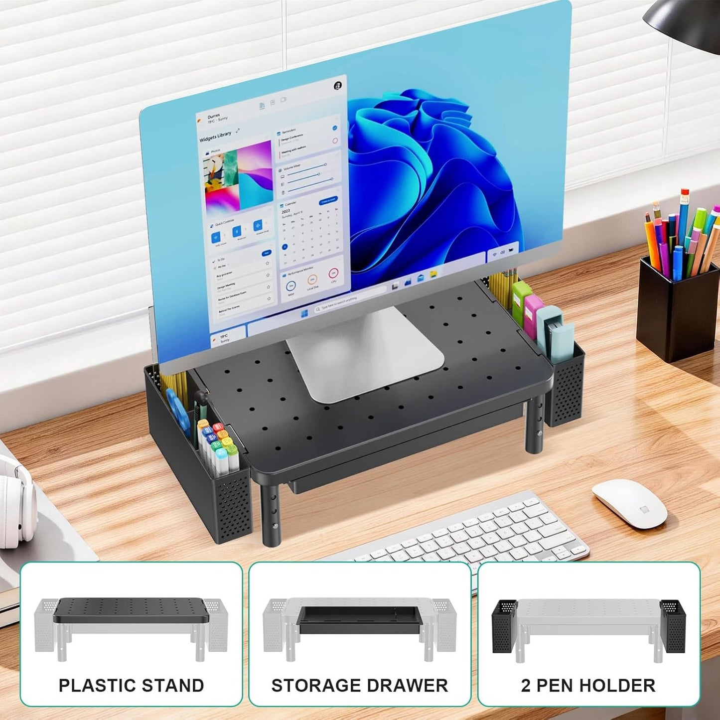 WALI Computer Monitor Stand with Storage, Desk Monitor Riser 3 Height Adjustable, Laptop Riser with Airflow Vents, Desk Organizer for Computer, Laptop, Printer (PTT002-B), 1 Pack, Black