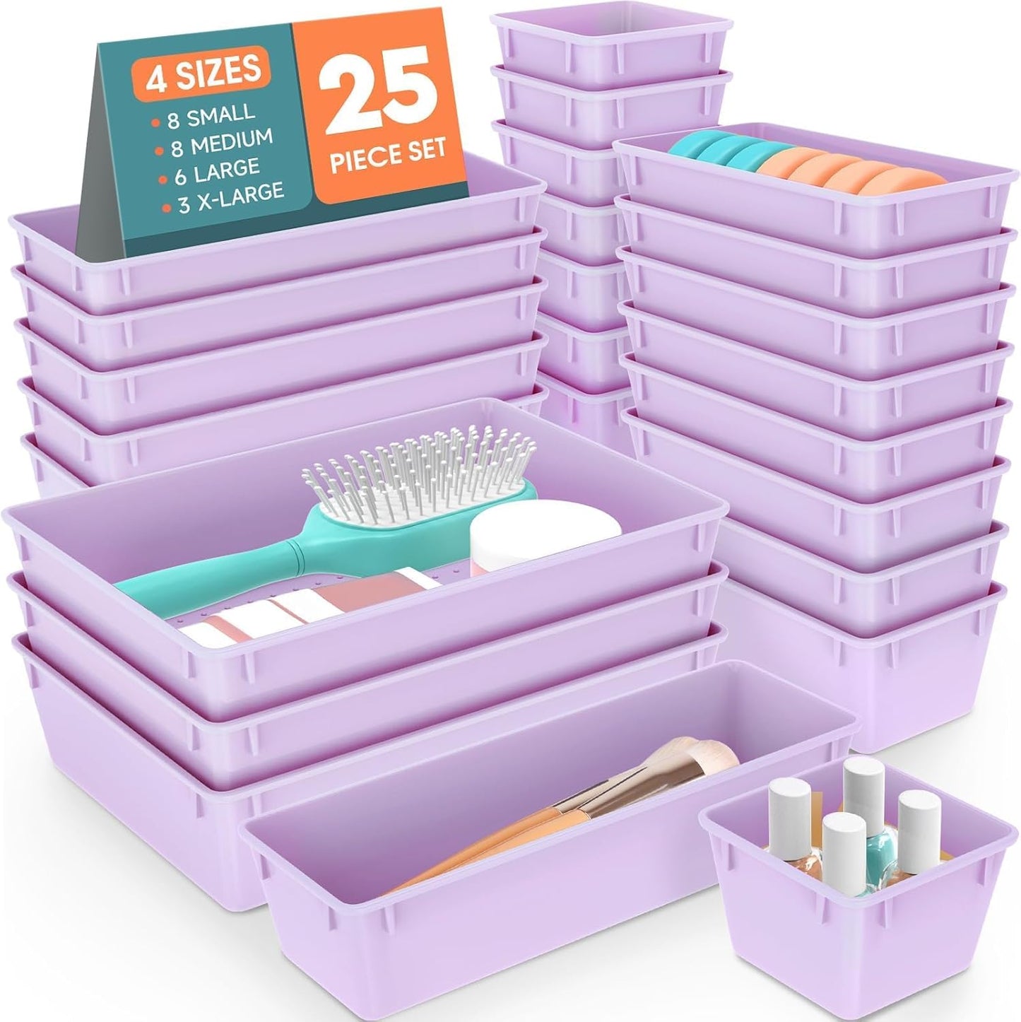 SpaceHacks 25 PCS Plastic Drawer Organizer Set, 4-Size Versatile Organizer Tool Trays & storage Bins for Makeup, Jewelry, and Gadgets in Bathroom, Bedroom and Office,Clear Black