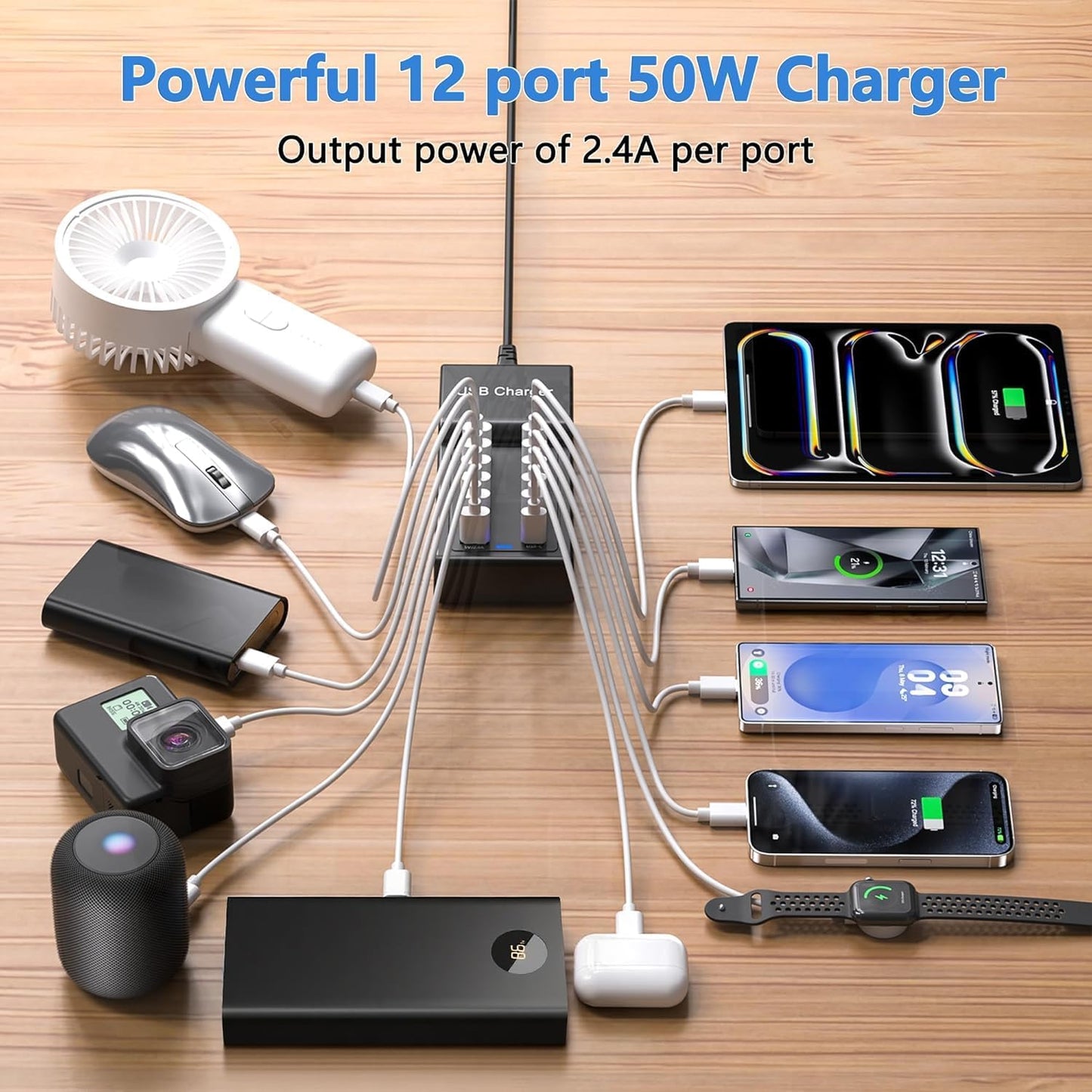 USB Charging Station 50w10A 12 Ports Multiple Charging Block, USB C Strip for iPhone 13/14/15/16/17/Smartphone/Tablet/Watch/Headphones and Multiple Charger Plug