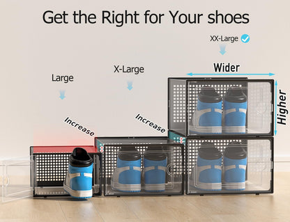Kuject X-Large Shoe Storage Boxes Organizers Clear Plastic Stackable 12 Pack, Shoe Rack & Holder Substitute, Sneaker Containers, Toy Storage Organizer Bins for Entryway, Closet, Under Bed, Black