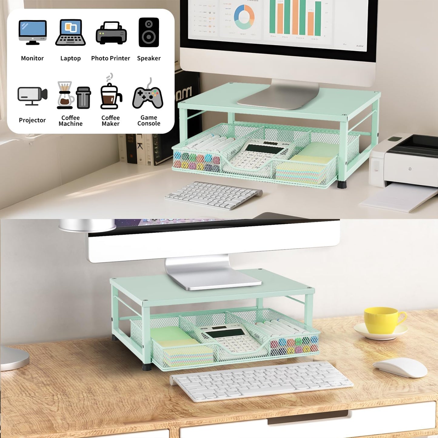 Small Laptop Stand for Desk, Monitor Stand Riser, Office Desk Accessories, Computer Desktop Stand with Drawer for Home, Office, School (Mint Green)
