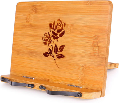 MEGREZ Bamboo Book Stand 11 x 8.0 inch, Foldable Cookbook Holder with 6 Adjustable Height, Reading Book Holder for Recipe, Music Book, Textbook, Tablet Stand, Rose