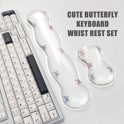 Gel Keyboard and Mouse Wrist Rest Set – Clear Wrist Rest for Computer Keyboard 60%/68%/75%, Comfort & Support for Typing and Gaming (Cute Butterfly)