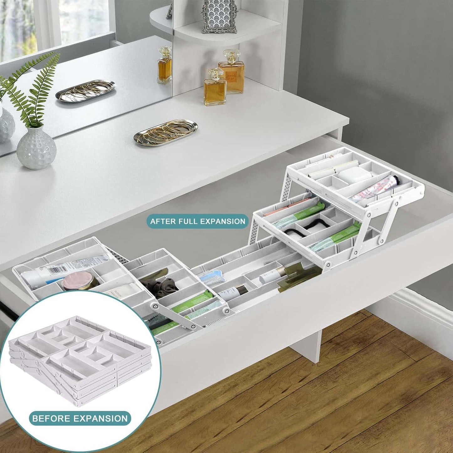 Aobiono Multi Level Smart Drawer Organizer, Multi Tier Expandable Storage Collapsible Foldable Trays for Jewelry, Cosmetics, Makeup, Tools, Battery (White, Single Row - 2 Levels)