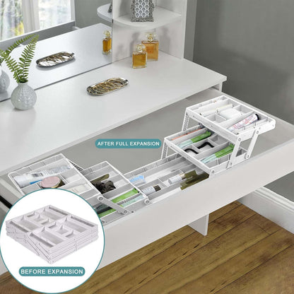 Aobiono Multi Level Smart Drawer Organizer, Multi Tier Expandable Storage Collapsible Foldable Trays for Jewelry, Cosmetics, Makeup, Tools, Battery (White, Single Row - 2 Levels)