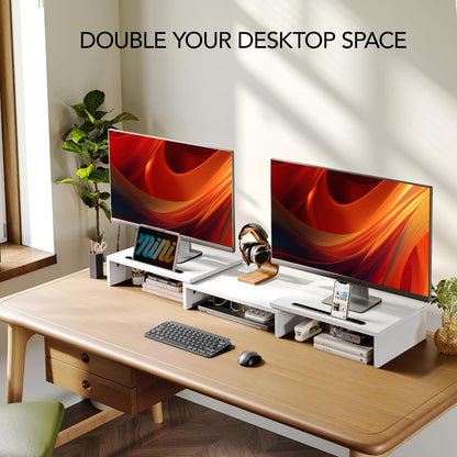 AMERIERGO Dual Monitor Stand Riser for 2 Monitors, Monitor Stand for Desk, Adjustable Computer Monitor Stand with 2 Slot, Multifunctional Desktop Organizer Stand for Laptop, PC, Computer, Printer