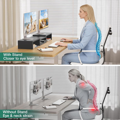 OPNICE Dual Monitor Stand Riser with Drawer and 2 Pen Holders, Desk Organizer for Office Supplies, Computer Monitor Stand for Desk, Workspace Desk Accessories for Home Office, Black