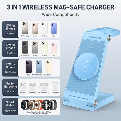 Magnetic Wireless Charger Stand, 3 in 1 Foldable Wireless Charging Station with 20W Adapter, Travel Charger for Multiple Devices for iPhone 17 16 15 14 13 12 Pro/Max/Plus/Mini, iWatch, AirPods